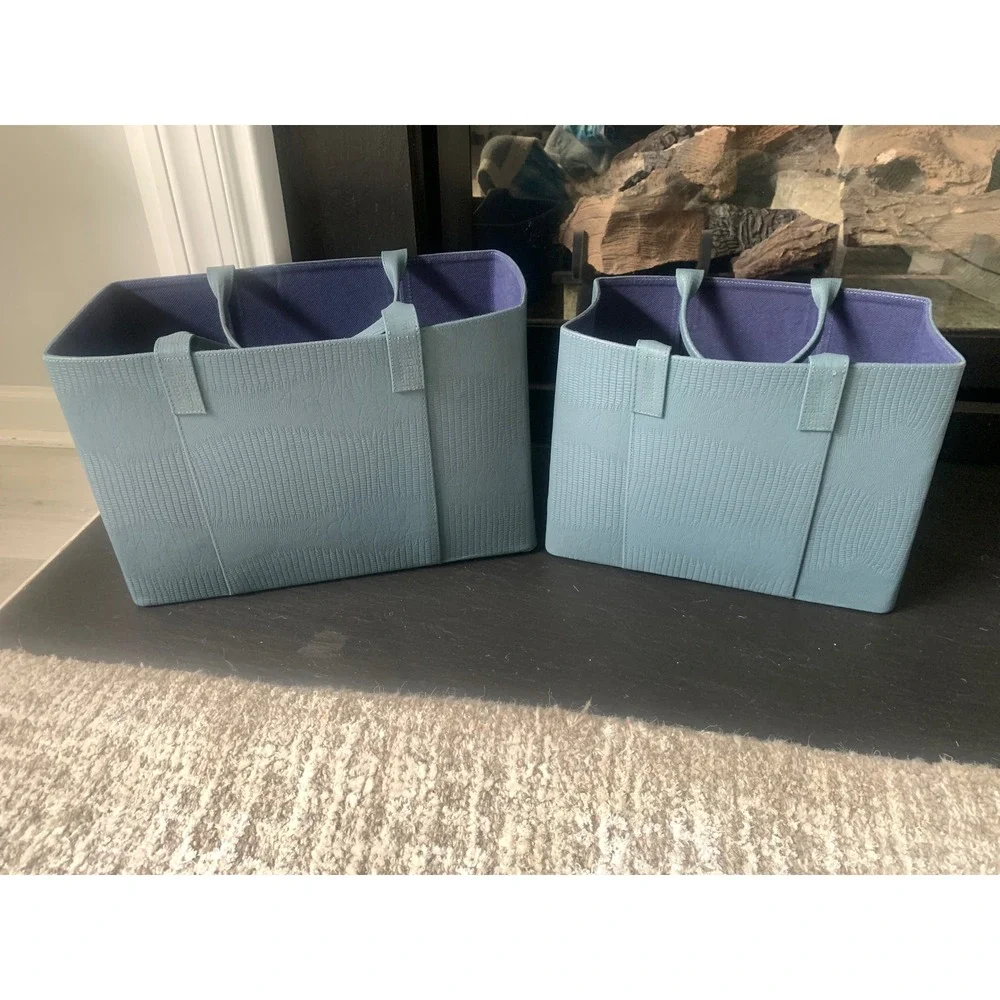Grandin Road‎ Faux Lizard Embossed Storage Bins Blue Set 2 Totes Purple Interior